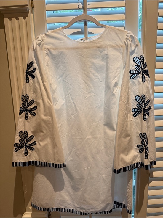Hyacinth House Dresses & Skirts - White Embroidered Mini Dress with Navy Floral Accents